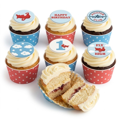 Set of aeroplane theme birthday cupcakes with red and blue polka dot wrappers, featuring various aviation-inspired edible toppers including aeroplanes, clouds, and 'Happy Birthday' messages.