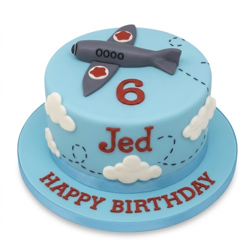 Blue fondant birthday cake with a grey aeroplane topper, white clouds, and custom age.