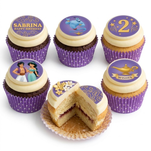 Aladdin themed cupcakes with Genie, Aladdin, Princess Jasmine, magic lamp, and custom age/name toppers.