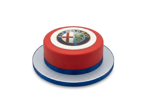 Round red birthday cake with an Alfa Romeo logo on top and a blue ribbon around the base.