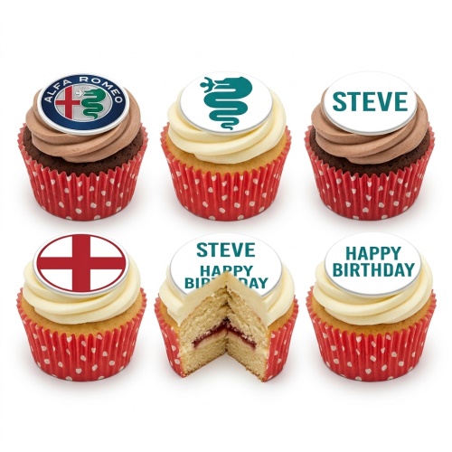 Sports theme birthday cupcakes with Alfa Romeo, England flag, and custom name toppers.