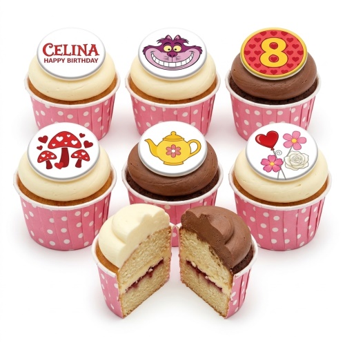 Alice in Wonderland themed cupcakes with Cheshire Cat, mushrooms, teapot, flowers, and custom age topper.