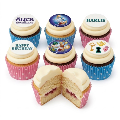 Alice in Wonderland themed cupcakes with character and symbol toppers, some with custom text.