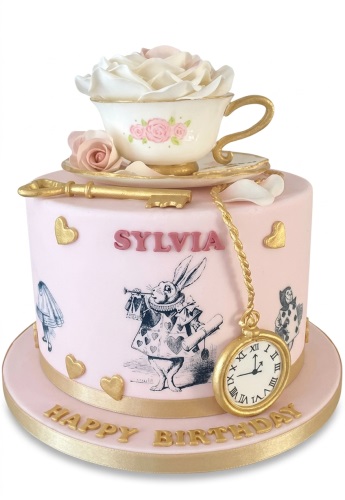 Pink Alice in Wonderland themed birthday cake with a teacup, golden key, pocket watch, and character illustrations.