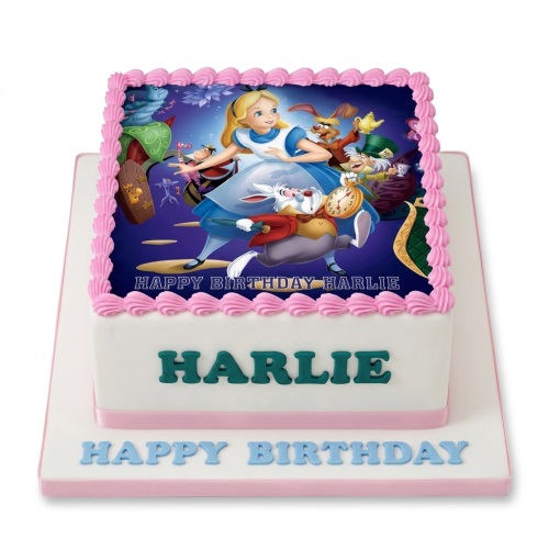 Two-tier white Alice in Wonderland themed birthday cake with edible image of characters and pink piping.