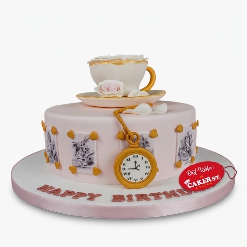 Pink Alice in Wonderland themed birthday cake with teacup, pocket watch, and character illustrations.