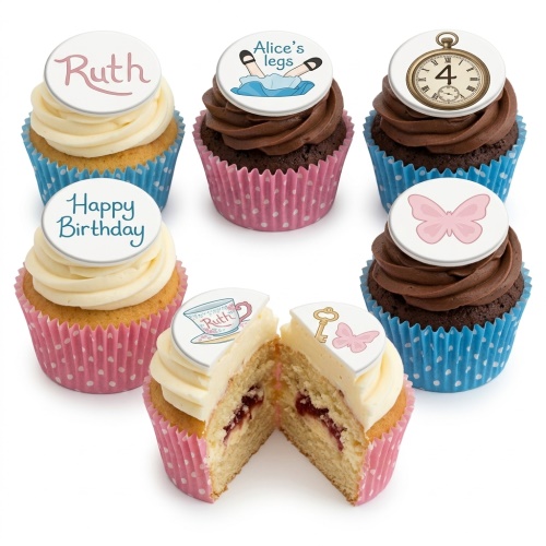 Alice in Wonderland themed cupcakes with various toppers including Alice's legs, a pocket watch, a key, and a butterfly.