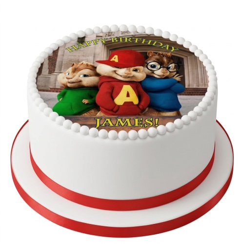 Round white birthday cake with Alvin and the Chipmunks edible image and red ribbon.