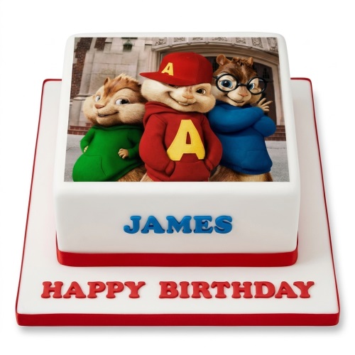 Square white birthday cake with Alvin and the Chipmunks edible image.