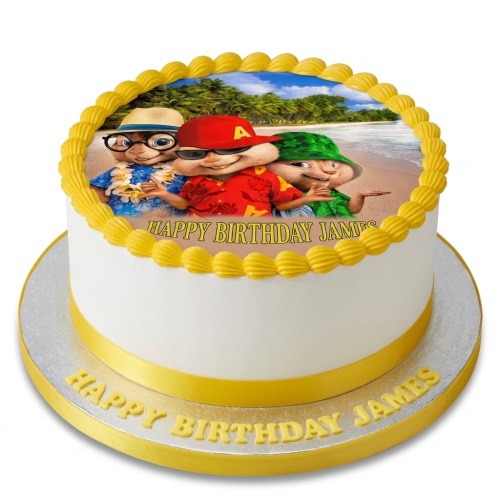 Round white cake with Alvin and the Chipmunks edible image and yellow piping.