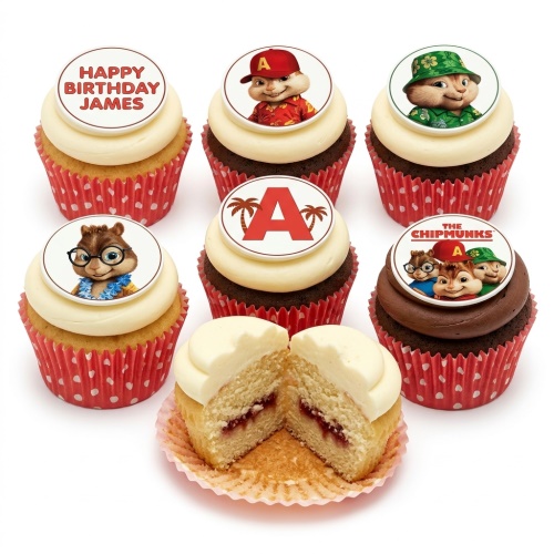 Alvin and the Chipmunks themed cupcakes with character toppers, some with vanilla and some with chocolate frosting, in red polka dot cases.