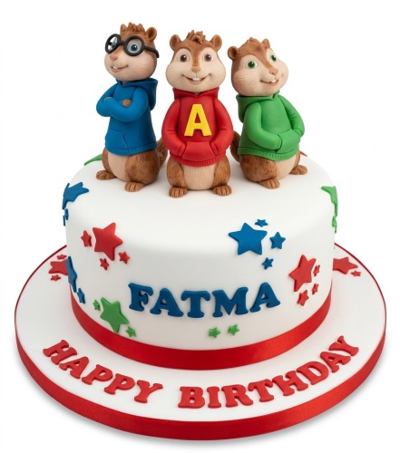 Alvin and the Chipmunks birthday cake with three chipmunk figures, red, blue, and green stars, and a red 'Happy Birthday' message.
