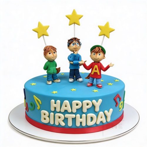 Round blue fondant cake with Alvin and the Chipmunks figurines, yellow stars, and musical notes.