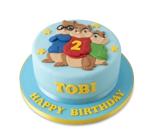 Round light blue chipmunk birthday cake with three cartoon characters and yellow stars, featuring a custom name and age.