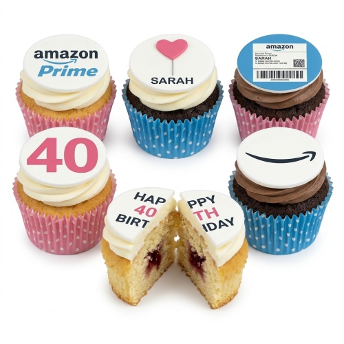Cupcakes with Amazon Prime, smile, and delivery label toppers, plus a pink heart and custom age '40' topper.
