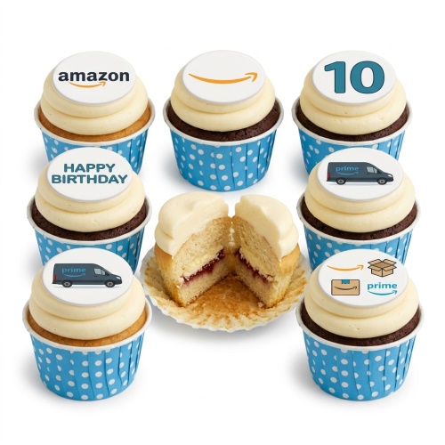 Corporate birthday cupcakes with custom logo, delivery van, package, and custom number toppers.