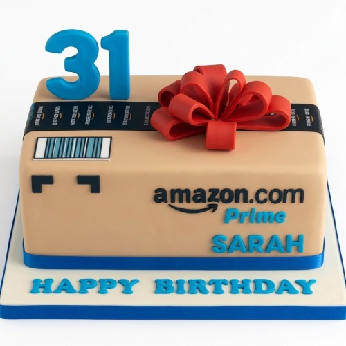 Square beige cake designed as an Amazon Prime delivery box with a red bow, barcode, and custom age topper.