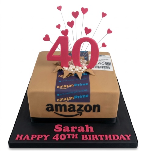 Brown Amazon delivery box cake with pink custom age topper, hearts, and edible pearls.