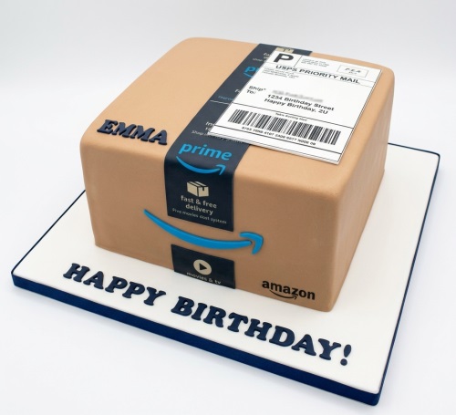 Square birthday cake designed as an Amazon Prime delivery box with a custom name and 'Happy Birthday' message.