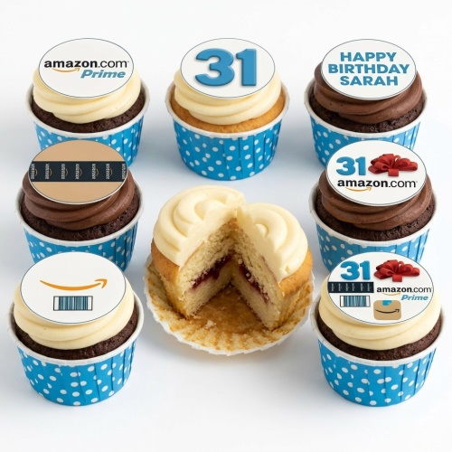 Cupcakes with Amazon logos, barcode, and gift box toppers in blue polka dot cases for a birthday.