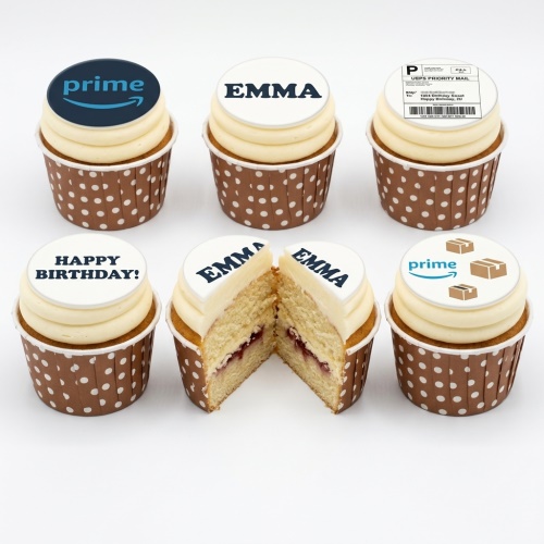 Vanilla cupcakes with white frosting and brown polka dot cases, topped with edible discs featuring Amazon Prime logos, shipping boxes, a USPS label, and 'Happy Birthday!' and 'EMMA' text.