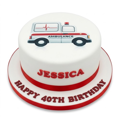 Round white birthday cake with an ambulance image, red ribbon, and space for custom text.