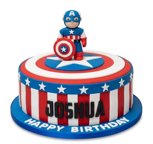 Round Captain America themed birthday cake with a figurine and shield design.