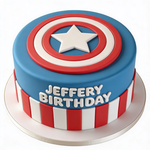 Round blue, red, and white Captain America shield birthday cake with a custom message.