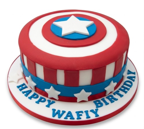 Round Captain America shield birthday cake with red, white, blue, and stars, with a personalised message.