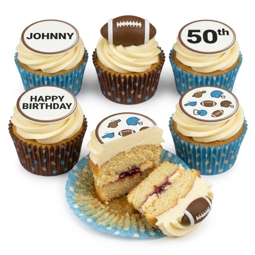 Set of football theme birthday cupcakes with edible footballs, helmets, whistles, and custom age/message toppers.