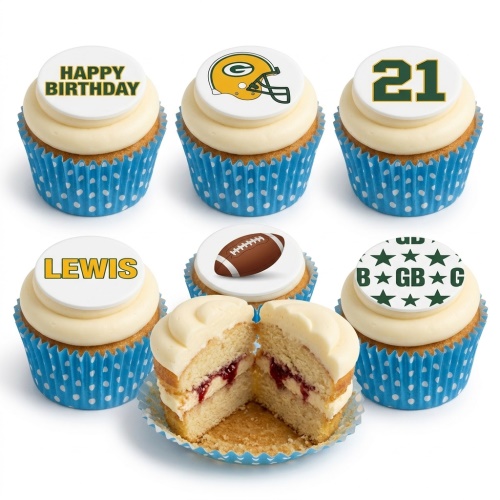 American Football themed birthday cupcakes with white frosting, blue polka dot cases, and edible toppers including a football helmet, a football, 'Happy Birthday', a custom age '21', and a personalised name 'Lewis'.