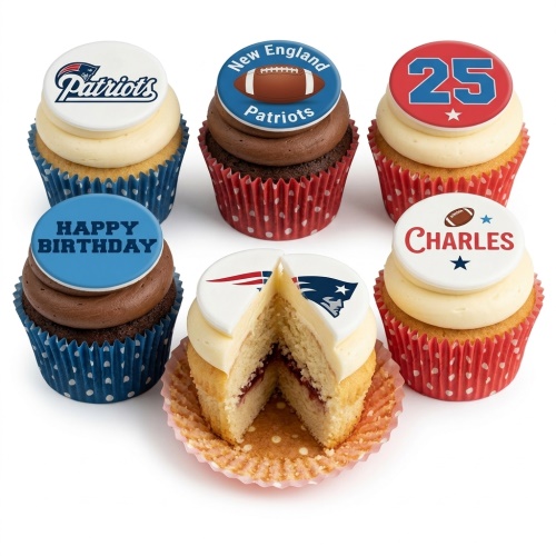 New England Patriots themed birthday cupcakes with team logos, footballs, and custom age/name toppers.
