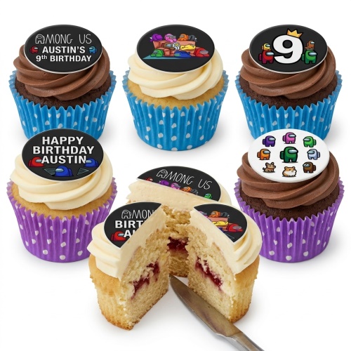 Among Us themed cupcakes with colourful character toppers, some showing a custom age and personalised message.