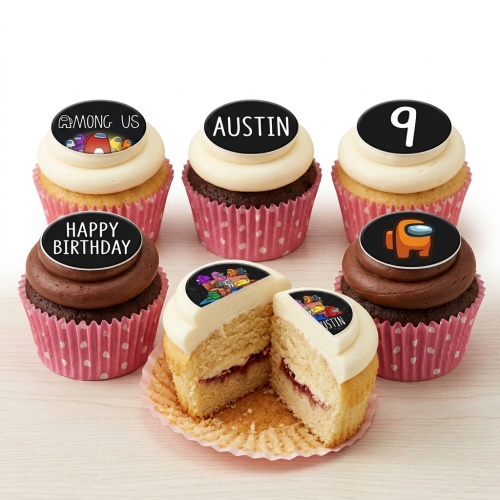 Among Us themed cupcakes with edible toppers, white and chocolate frosting, and pink polka dot cases.