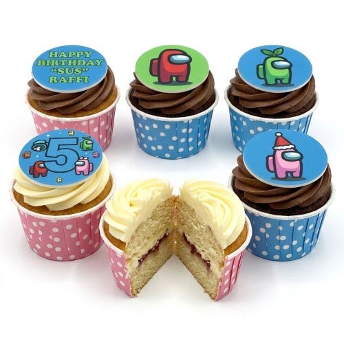 Among Us themed birthday cupcakes with various character toppers and a custom age topper.