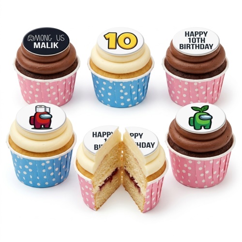 Among Us themed birthday cupcakes with chocolate and vanilla frosting, featuring character and custom age toppers.