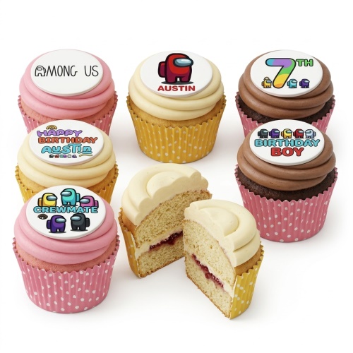 Among Us themed cupcakes with character toppers and custom age birthday messages.
