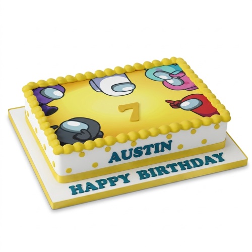 Rectangular Among Us themed birthday cake with colourful characters, yellow beaded border, yellow polka dots, and a custom age topper.