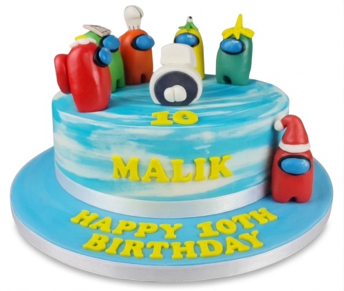 Round Among Us themed birthday cake with colourful characters and custom age topper.
