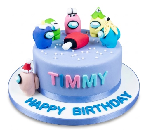 Round lavender Among Us themed birthday cake with colourful fondant characters and white sprinkles.