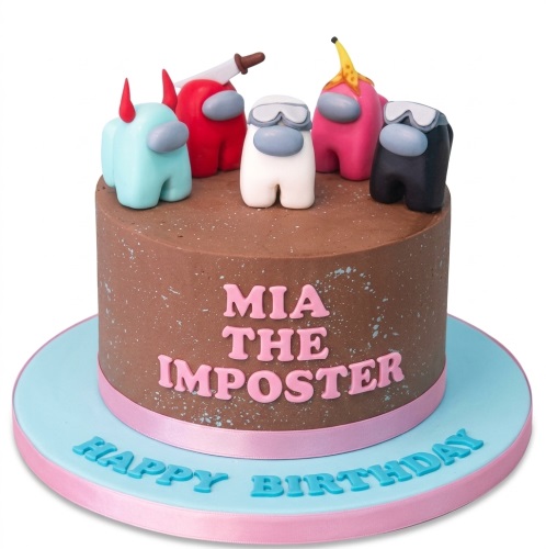 Round brown Among Us themed birthday cake with colourful character toppers and personalised message.