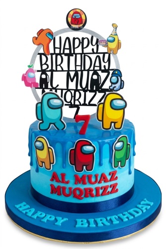 Blue Among Us themed birthday cake with colourful character cutouts, blue drip icing, and a custom age topper.