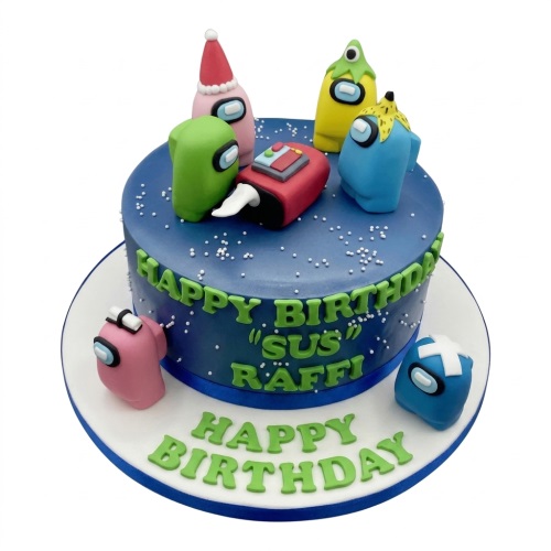 Blue Among Us themed birthday cake with colourful fondant characters and white sprinkles.