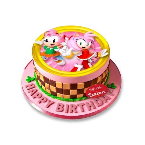 Round pink and brown Sonic Hedgehog Amy Rose birthday cake with a gold ring design and 'Happy Birthday' message.