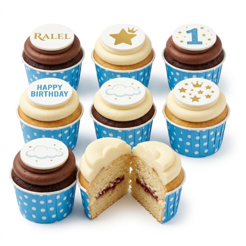 Assortment of baby birthday cupcakes with stars, clouds, custom age, and personalised name toppers.