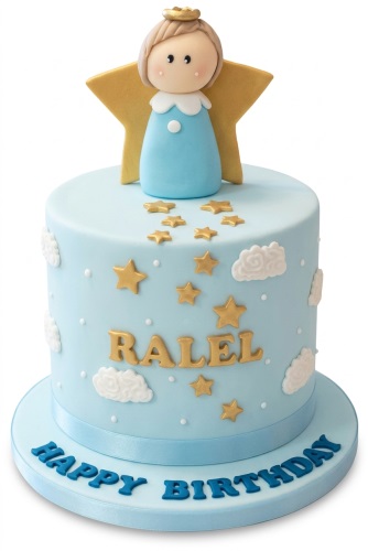 Light blue round cake with an angel topper, gold stars, white clouds, and 'Happy Birthday' message.
