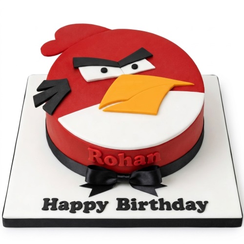 Red Angry Birds character birthday cake with black ribbon and personalised name.