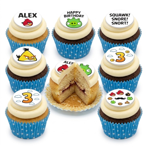 Angry Birds themed birthday cupcakes with various character toppers, a custom age topper, and personalised message examples.