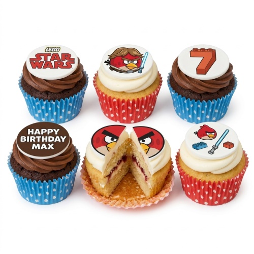 Kids birthday cupcakes with LEGO Star Wars and Angry Birds toppers, custom age, and personalised message.