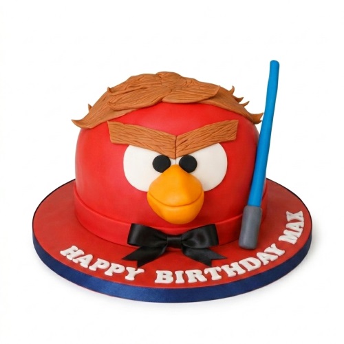 Red Angry Bird character cake with brown mustache, black bow tie, and blue lightsaber.